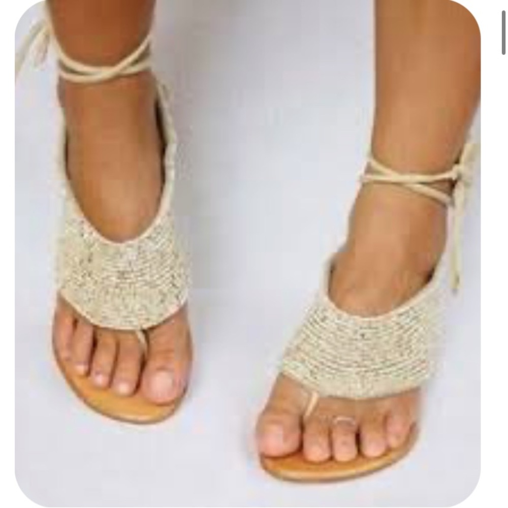 Coco Belle Boho Beaded Wrap Tie Sandals | Lace-Up Thong Flats | Neutral Beige